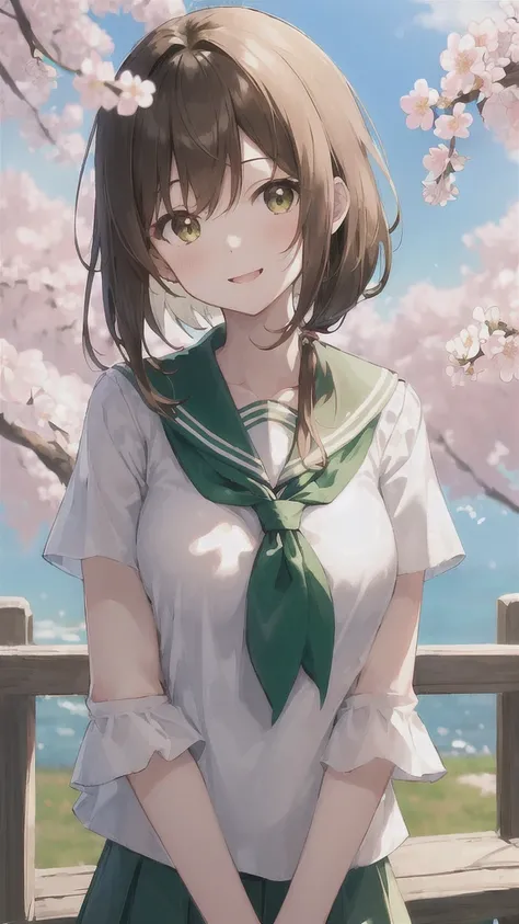 (upper_body:1.5), close, cherry blossoms_blossoms, Outdoor, day, spring_(season), One girl, smile, Alone, 前hair, green_eye, , closure_mouth, looking_in_Viewers, length_hair, brown_hair, branch, Eyebrow_Visible_Through_hair, floining_hair,hair_between_eye, ...