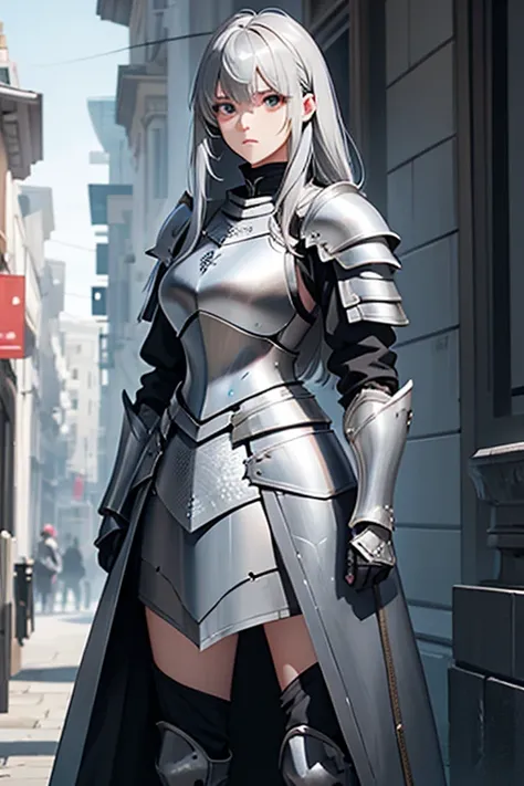 knee shot,female, gray hair, gray eyes, medium-length hair, pull plate armor, knight, 170 cm, bangs, expressionless, chic, tough...