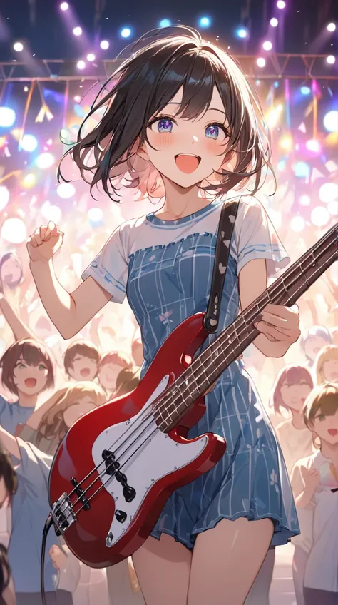 One Girl、Excited expression、Shining Eyes、Short Hair、 Casual Band Outfits 、Play bass、Cheerful pose、Smooth Skin、Small breasts、 staring at the audience 
BREAK 
bright lighting、( Live Atmosphere :1.3)、 Vivid Hues 、Joyful Shadows 、 Audience Enthusiasm 、 Fun of ...