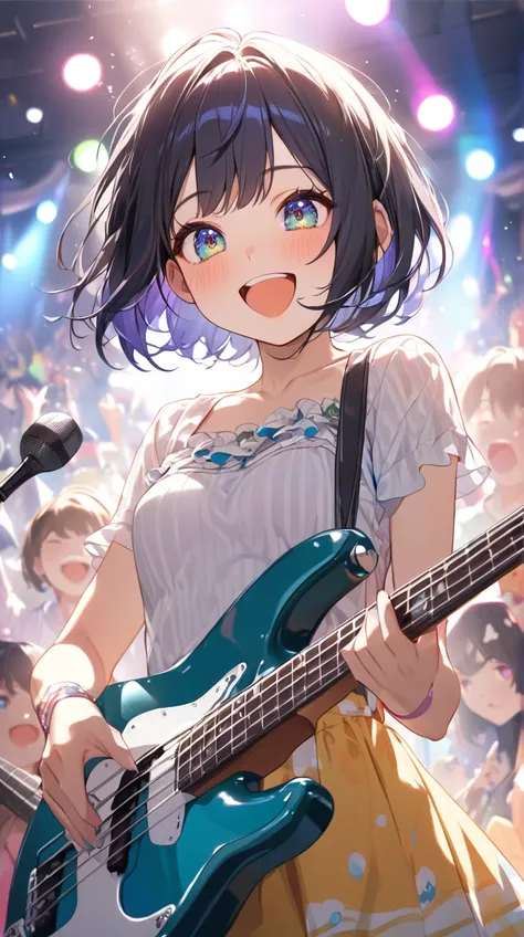 One Girl、Excited expression、Shining Eyes、Short Hair、 Casual Band Outfits 、Play bass、Cheerful pose、Smooth Skin、Small breasts、 staring at the audience 
BREAK 
bright lighting、( Live Atmosphere :1.3)、 Vivid Hues 、Joyful Shadows 、 Audience Enthusiasm 、 Fun of ...