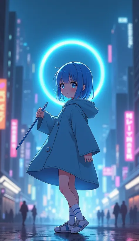 masterpiece, Best Quality, High resolution, Very detailed,(((Cute girl with blue hair))), (((Japanese Anime))), (((Light blue robe))), ((( hooded ))), (((Have a magic wand))), (((White socks with light blue lines))), (((sneakers))), (((Neon lines))), (((Cy...