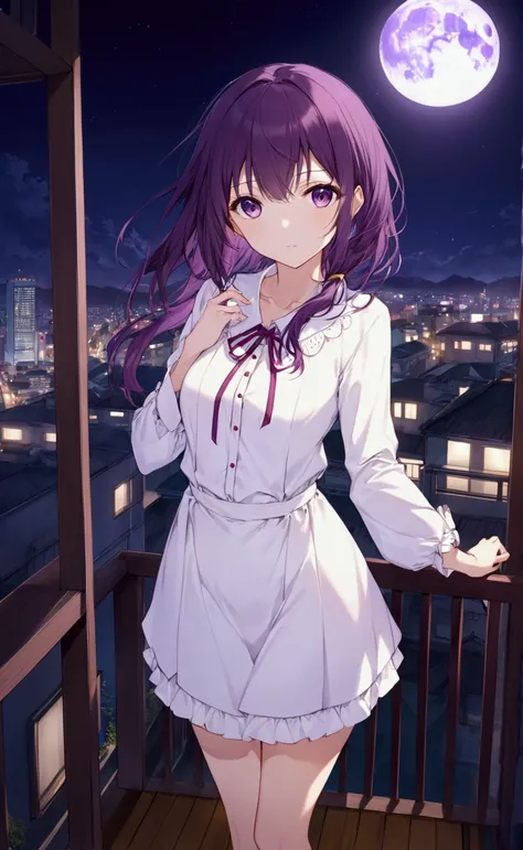 Senjougahara Hitagi from bakemonogatari, Beautiful, purple hair, standing on a balcony facing the camera, background features night light city view with a bright full moon