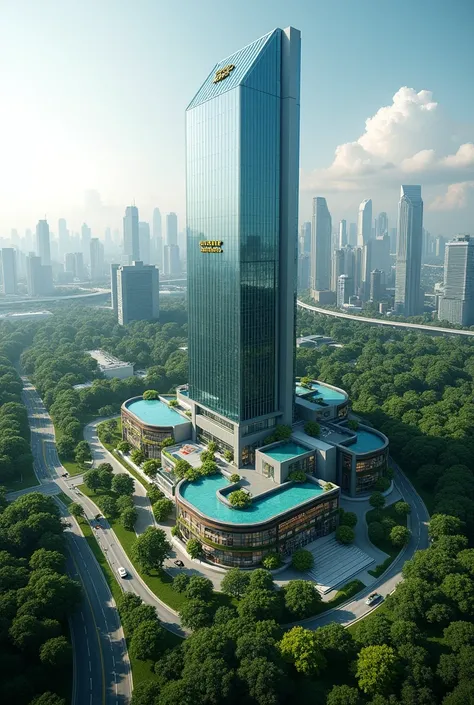 TECHNOLOGY BUILDING, TOWER BUILDING VIEW, FUTURISTIC BUILDINGS, BUILDINGS LUXURY, UNIQUE AND MODERN, GLASS WALLED BUILDING, WITH LOGO MANDIRI BANK INDONESIAN, LARGE GARDEN, GREEN CITY AND NATURAL SETTINGS AS WELL THERE IS A HIGHWAY, REALISTIC QUALITY ULTRA...