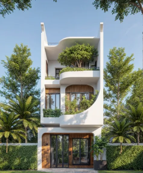 the house has 2 floors and an attic with a terrace. tall and narrow, modern design, steel gate and wooden details in harmonious ...