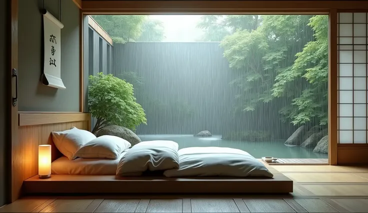 A bed with Japanese tradisional, rainy condition 