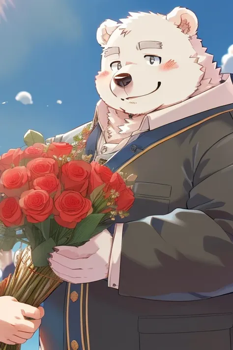 gained weight、being overweight、bear beast man、polar bear、fur、fluffy、cute、blush、smile、(low angle)(student、wearing gakuran、school、...