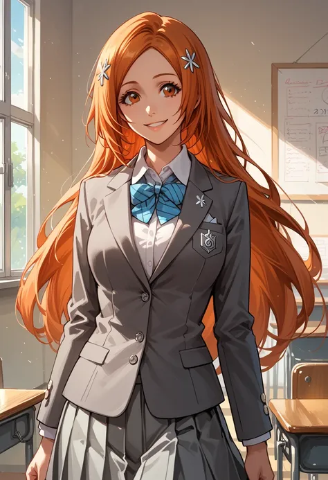 score_9, score_8_up, score_7_up, 1girl, solo, inoue orihime, hair ornament, long hair, orange hair, brown eyes, school uniform, blazer, grey blazer, shirt, pleated skirt, grey skirt, short skirt, collared shirt, sweet smile, classroom, cowboy shot.