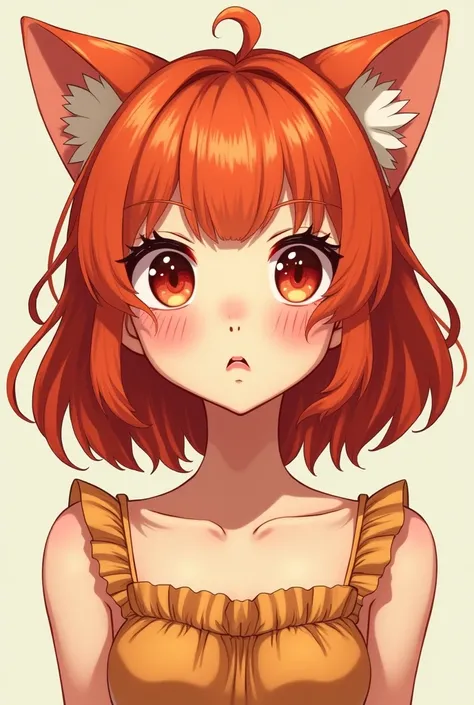 ( and embarrassed), Red Hair, orange hair, Wellie Art Style, One girl, ,  upper body, Highly detailed eyes, employment, clavicle, Frill dress, Open your mouth,Cat ears