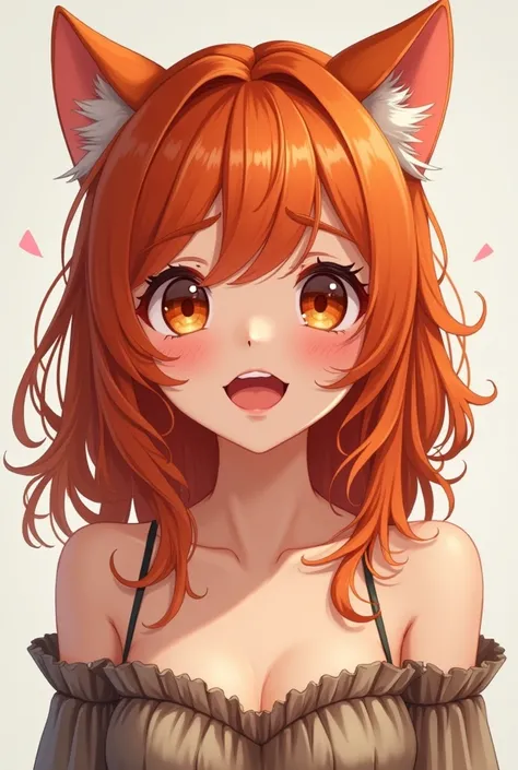 ( and embarrassed), Red Hair, orange hair, Wellie Art Style, One girl, ,  upper body, Highly detailed eyes, employment, clavicle, Frill dress, Open your mouth,Cat ears