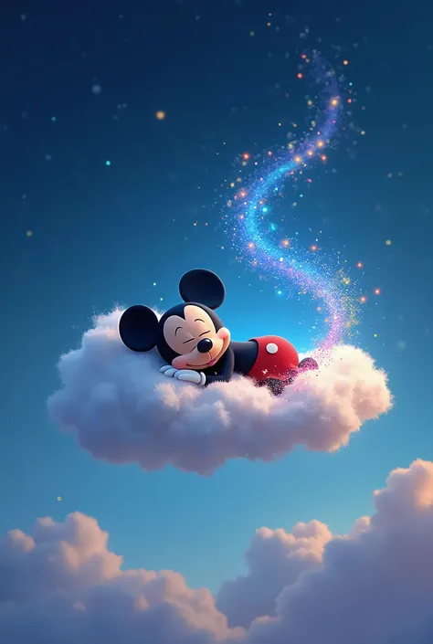 Mickey sleeping on a white cloud with a starry and colored background with a blue gradient with the first name Omar surrounded by colorful and sparkling stardust