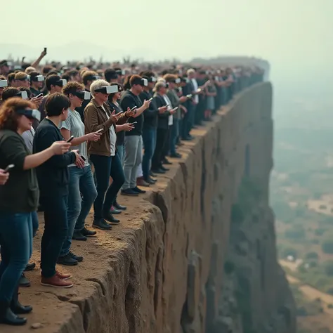 Realistic photo representation seen from the side of a mass of people wearing virtual reality glasses and a mobile phone and walking clueless towards a cliff about to fall while some are already falling