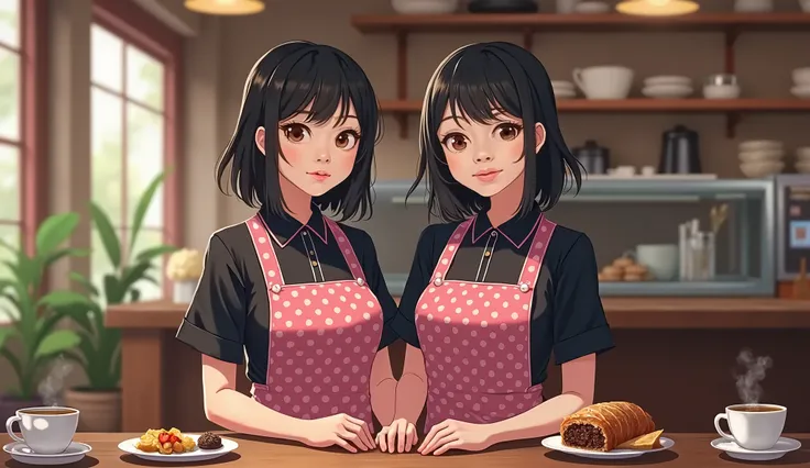 Twin maid woman medium black long hair with bang at caffe indonesian, they are same face same arrafe costume black and pink skirt polka dot, happy vibes with coffe and food at this caffe. 8k, sharp and detail, hyper realistic, ultraHD