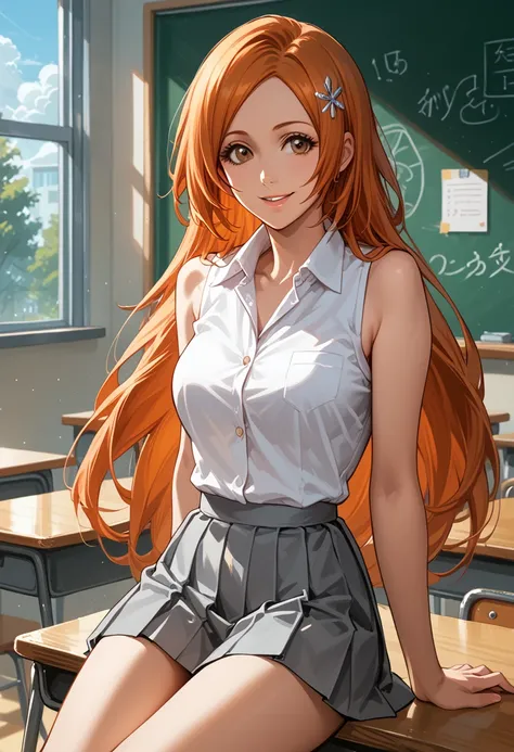 score_9, score_8_up, score_7_up, 1girl, solo, inoue orihime, hair ornament, long hair, orange hair, brown eyes, school uniform, sleeveless shirt, pleated skirt, grey skirt, short skirt, collared shirt, sweet smile, classroom, sitting on desk, elegant, glam...