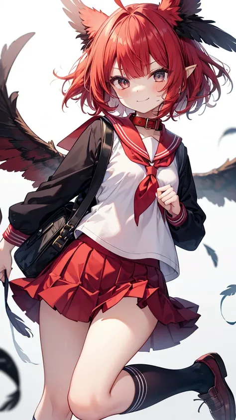 harpy girl, dark red hair,messy bob hair, ahoge, (big feather bird ears), harpy big wings, (red sailor uniform, red collar/(choth/), red skirt), school bag, loose socks, smirk,