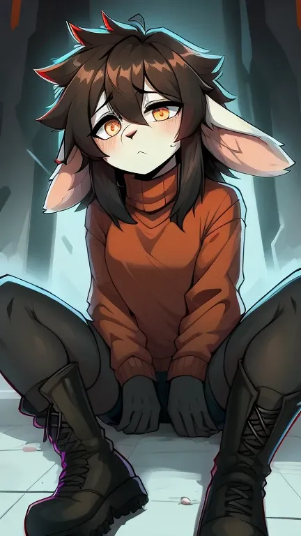 (empty), ((masterpiece)) , ((best quality)), illustration, portrait boy, shorts, sweater with long sleeves and ears, drooping ears, Bored expression, Bright Eyes, boots, black tights, Cute, account, fluffy tousled hair ,weak, check_9, check_8_up, check_7_u...