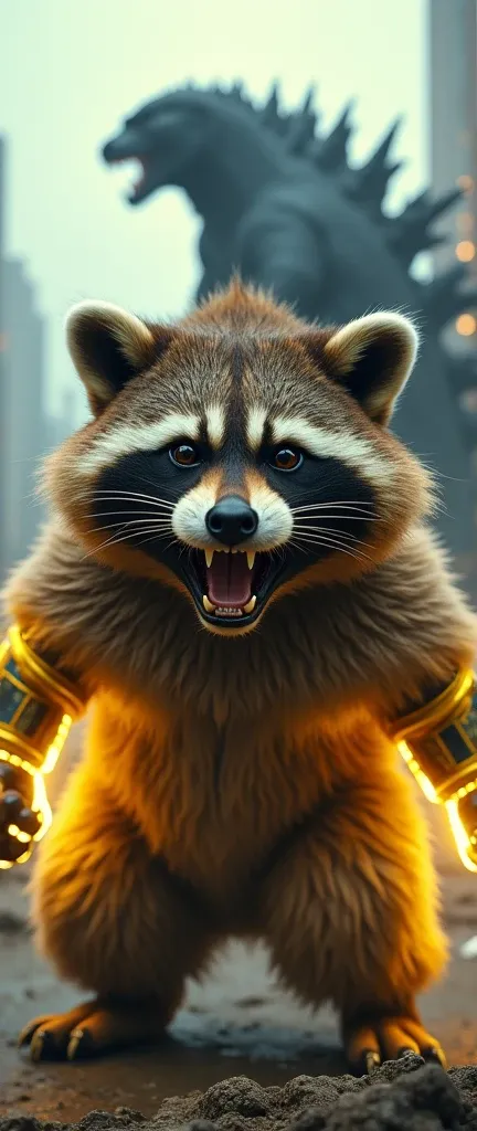 A cinematic, dramatic medium shot of a bio-enhanced, massive, fluffy raccoon named B.E.A.S.T. with a menacing glowing yellow glove gauntlet. The raccoon has piercing eyes, is growling, and is showing its sharp teeth. Its fur seemingly crackles with yellow ...