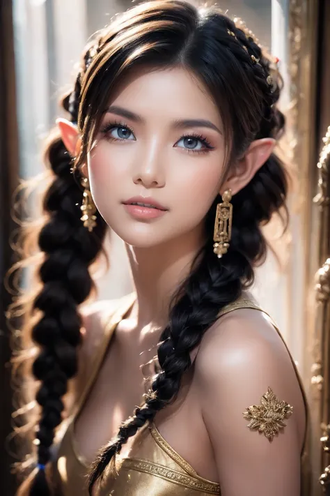 1 girl, portrait, realism,  three-quarter angle , beautiful face, Asian features , dark skin, Oval face shape,  aristocratic features , highlighted cheekbones ,  elaborate elven ears ,  thin nose wings , black hair,  hair gathered in braid bundles on her h...