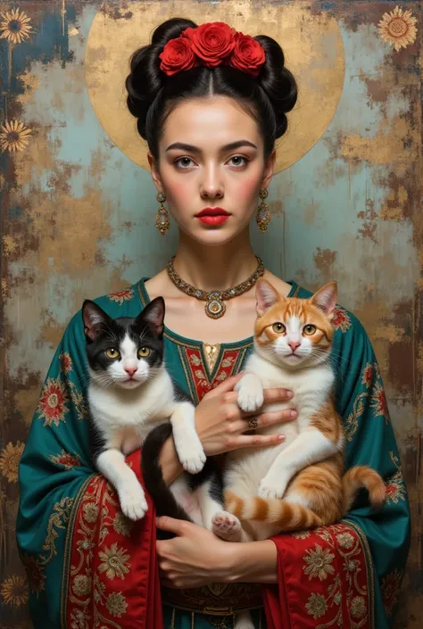  A painting of a woman holding two cats,  inspired by Kahlo , Frieda, inspired Frieda·卡罗, By Vladimir Tretchikoff, By Nil Gleyen, Chie Yoshii, Frieda·卡罗, author Galen Dara, 由Virginia Lee Burton, There is a cat around, By Jacka Kemp, author：John O&#39;Gorma...