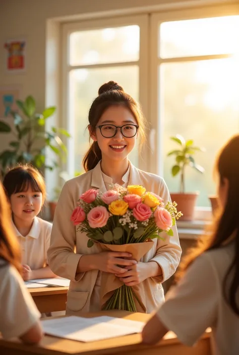 The classroom is full of sunshine in the afternoon, The teacher wearing glasses happily holds the flowers given by the students, Warm tones, Teacher character design