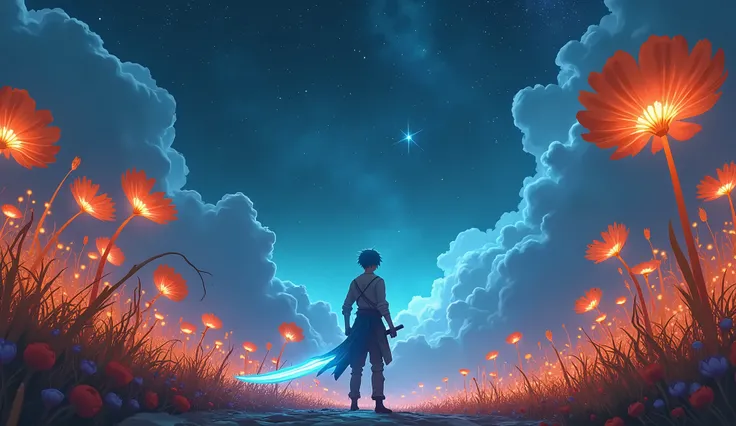 Ultra detailed, best quality, masterpiece, 4k, landscape, fantasy, orange glowing flowers, cyan hair thin man holding cyan sword in the middle, midnight galaxy skies