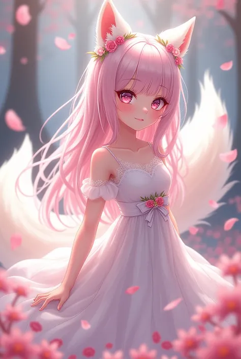 Nine snow-white fox tails (1.0), milky fox tail (1.0), fox close-up of nine tails, nine-tails, nine-tails, anime girl with pink hair and pink dress with flowers on her hair, very beautiful anime fox girl, beautiful anime fox girl, beautiful fantasy anime, ...