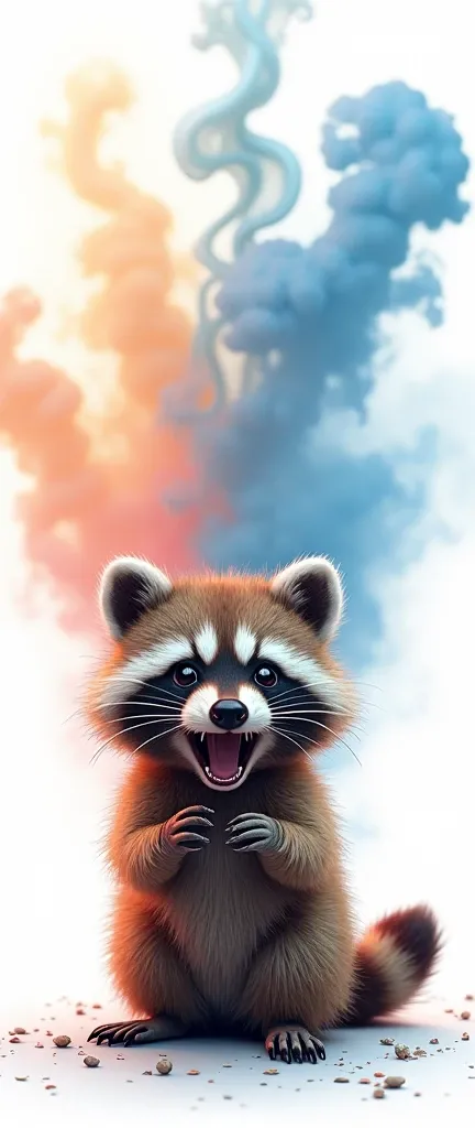 A photo of a fluffy baby raccoon in an adorable growling pose. The raccoon is set against a white background, with a colorful sign made of water and smoke in the distance. The water and smoke elements create a captivating contrast to the raccoons cuteness....