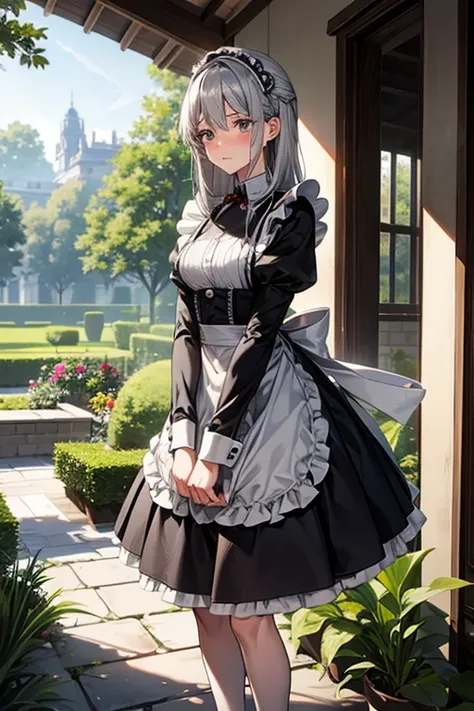 knee shot, female, gray hair, gray eye, medium-length hair, maid uniform, a woman of virtue, embarrassed, garden, standing