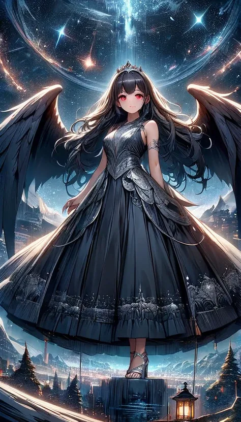 NIX GODDESS; Black dress, With a short silver sleeveless tunic, red eyes; showing the whole body; Long black hair; Silver High heel Sandals, silver tiara, High quality. 4k, many details. High quality. 4k, many details. Distant view. Masterpiece, accurate, ...