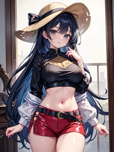 (best quality:1.2), masterpiece, looking at viewer, cowboy shot, 1giri, large breasts, crop top, o-ring top, o-ring bottom, (midriff, bare navel:1.2), long hair, shiny skin,