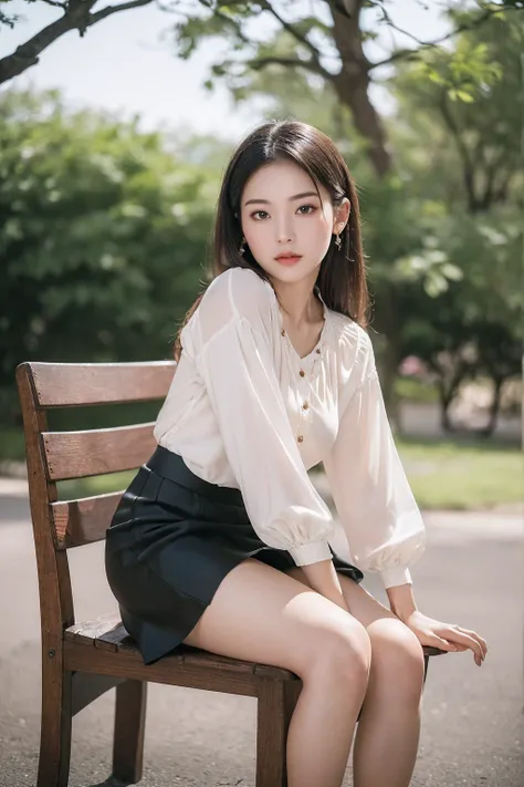 (32k, RAW photo, subtle-expressions, best quality, masterpiece:1.3), (realistic, photo-realistic:1.4), (a mature lady, blouse, miniskirt: 1.3),  (full body: 1.2), 20 years old Japanese woman, ((one person per one photo)), sit on the bench, flared skirt