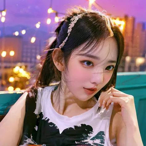 UHD, Extra close-up of cute Korean female,Chest size 32 inches ponytail, hazel eyes, wearing t-shirt, sitting on the balcony, night, fireworks display, blurred background