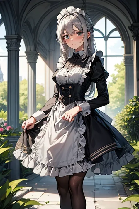 knee shot, female, gray hair, gray eye, medium-length hair, maid uniform, a woman of virtue, embarrassed, garden, standing