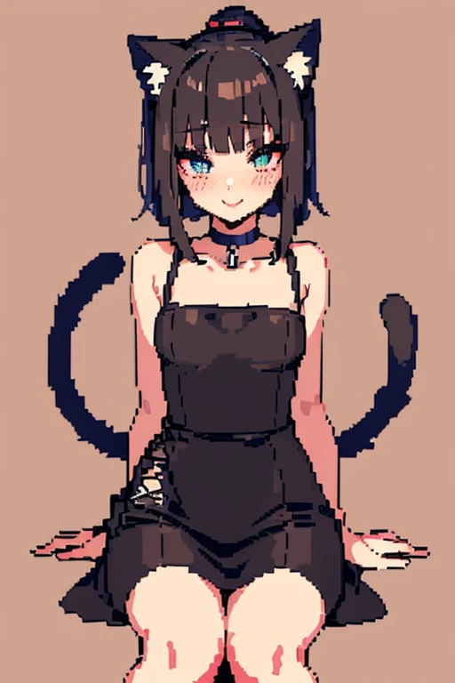 (pixel art:1.3), 16-bit sprite, (masterpiece:1.2, best quality), (finely detailed beautiful eyes: 1.2), 1girl, cat ears, cat tail, black wavy hair, short hair, blunt bangs, ponytail, (red dress:1.2), slit dress, choker with bell, coy smile with parted lips...