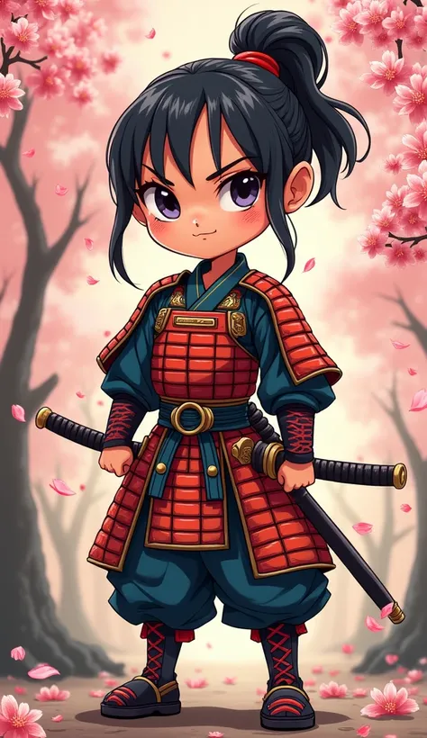 Create a proud cartoon caricature of a girl as a samurai. The character should have an expressive face showing confidence and determination, with large, exaggerated features to emphasize the cartoon style. She should be dressed in traditional samurai armor...