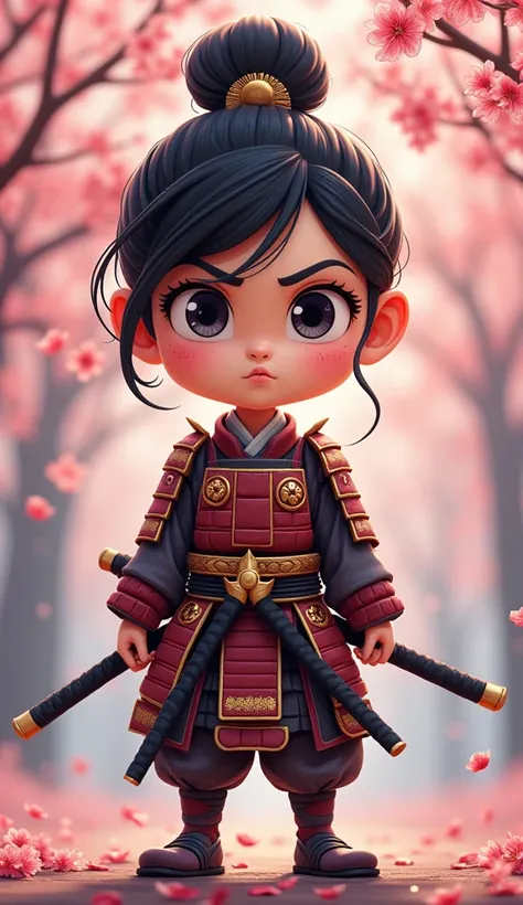 Create a proud cartoon caricature of a girl as a samurai. The character should have an expressive face showing confidence and determination, with large, exaggerated features to emphasize the cartoon style. She should be dressed in traditional samurai armor...