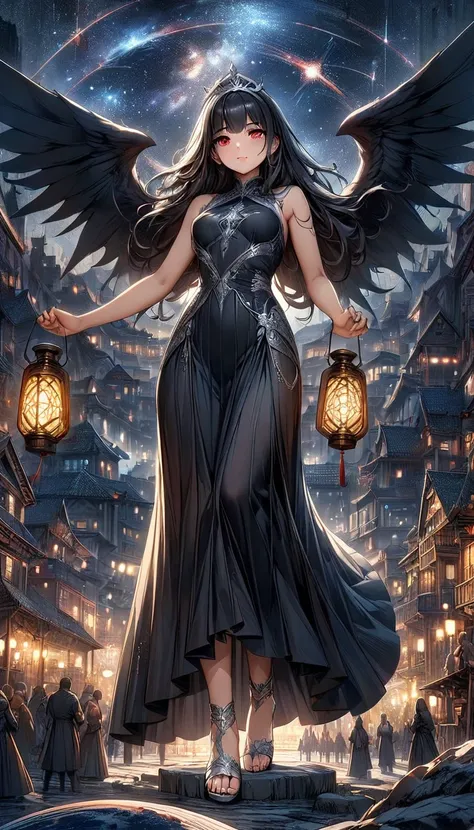 NIX GODDESS; Black dress, With a short silver sleeveless tunic, red eyes; showing the whole body; Long black hair; Silver High heel Sandals, silver tiara, High quality. Hard expression, many details. High quality. 4k, 8k, many details. Distant view. Master...