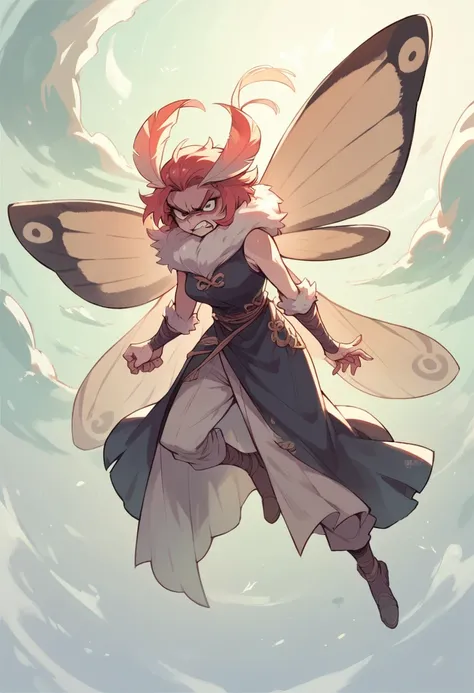 Moth woman, angry face, flying in the night 