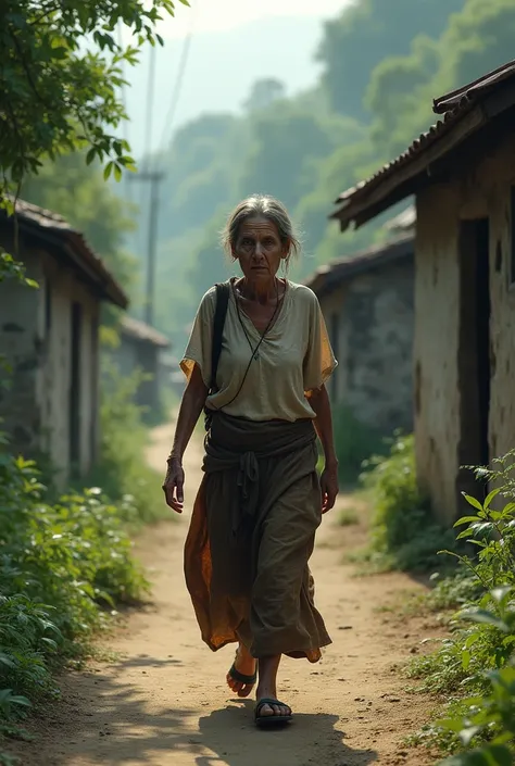 A sick women walking towards a hospital in a village 