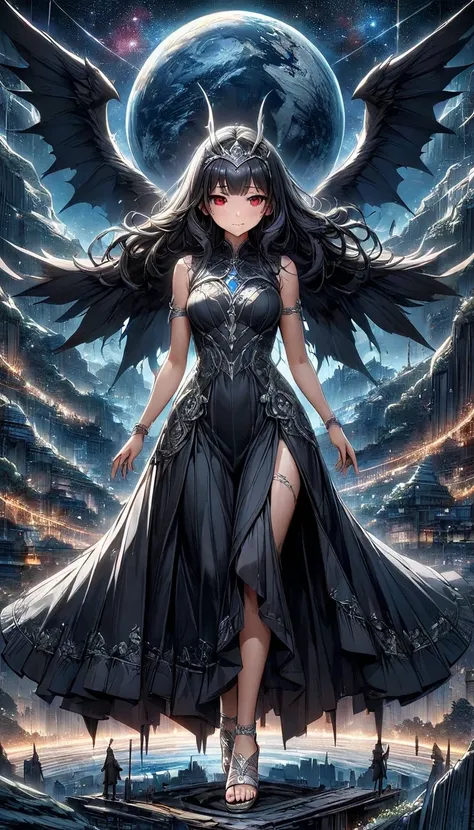 NIX GODDESS; Black dress, With a short silver sleeveless tunic, red eyes; showing the whole body; Long black hair; Silver High heel Sandals, silver tiara, High quality. Hard expression, many details. High quality. 4k, 8k, many details. Distant view. Master...