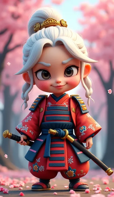 Create a proud cartoon caricature of a white hair girl as a samurai. The character should have an expressive face showing confidence and determination, with large, exaggerated features to emphasize the cartoon style. She should be dressed in traditional sa...