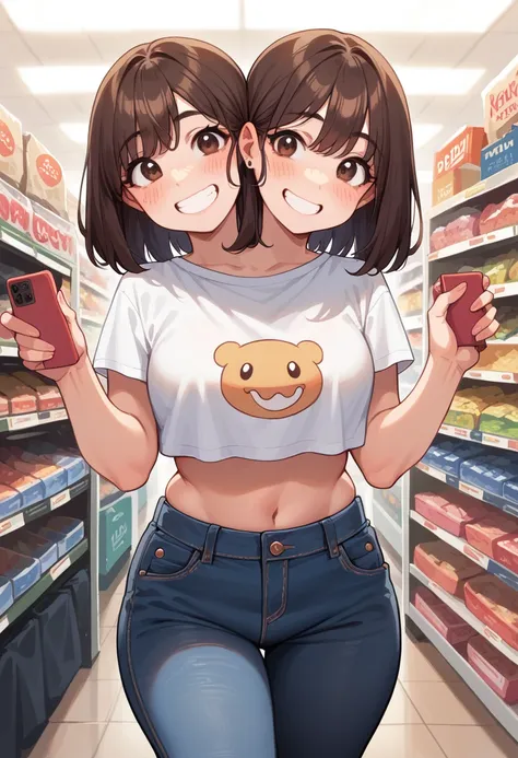 2heads, a thick woman with two heads. she is inside an electronics store. she is wearing a crop top and jeans. white shoulder-le...