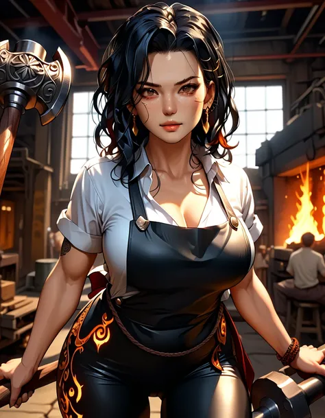 1woman, goddess of the forge, Hephaestus, ((blacksmith woman)), middle-aged woman in her 40s, ((high resolution)), intricately detailed facial features, detailed piercing eyes, refined jawline, masterpiece, 8k, UHD, HDR, overhead swing pose, cinematic ligh...