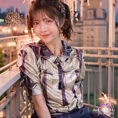 UHD, Extra close-up of cute Korean female,Chest size 32 inches ponytail, hazel eyes, wearing t-shirt, sitting on the balcony, night, fireworks display, blurred background