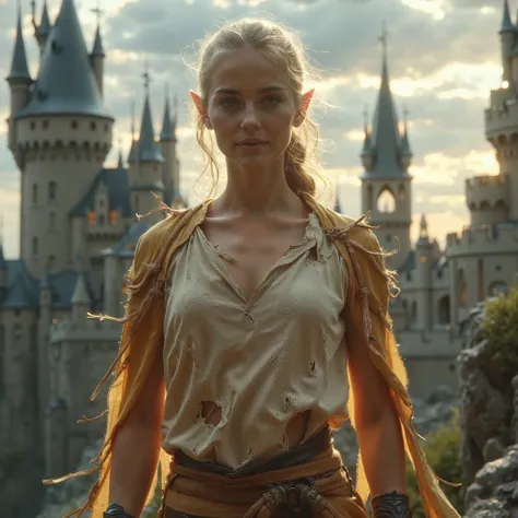 messy blonde elven warrior, sexy, seductive, beautiful, perfect body, perfect face, cute smile, ponytail, pointy ears, torn and ripped top, jeans, in front of a medieval castle,  ultra realistic, extremely realistic, photorealistic, photo-realistic:1.37, (...