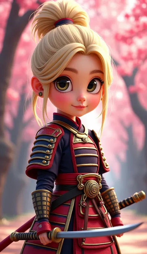 Create a proud cartoon caricature of a blond girl as a samurai, depicted from multiple angles. The character should showcase a confident and determined expression with exaggerated features that highlight her personality. Display her in traditional samurai ...