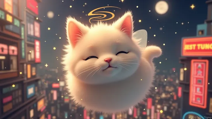 3D fluffy Pixie Kitty stuffed cat, Cat Angel、(Floating while asleep　above the colorful Tokyo nightscape),3D Kitty Cat in a cosmic maelstrom nebula, rendered in cosmic beach whirlpool engine, volumetric lighting, spectacular, ambient lights, light pollution...