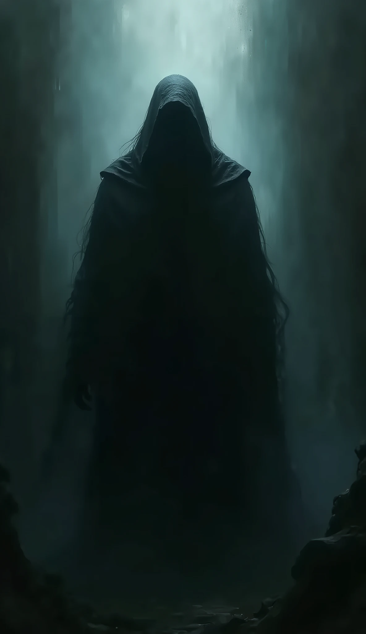 A haunting silhouette of the mysterious figure emerging from the shadows, the scene dark and tense, with the figure barely visible but threatening.
