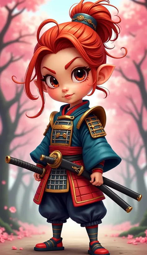 Create a proud cartoon caricature of a red hair girl as a samurai, depicted from multiple angles. The character should showcase a confident and determined expression with exaggerated features that highlight her personality. Display her in traditional samur...