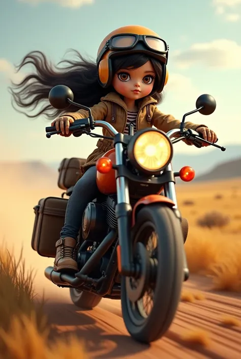 Blythe Doll、Shortcuts, helmet、goggles、Dark hair with disheveled boots , Savannah riding an American motorcycle loaded with luggage and running at high speed