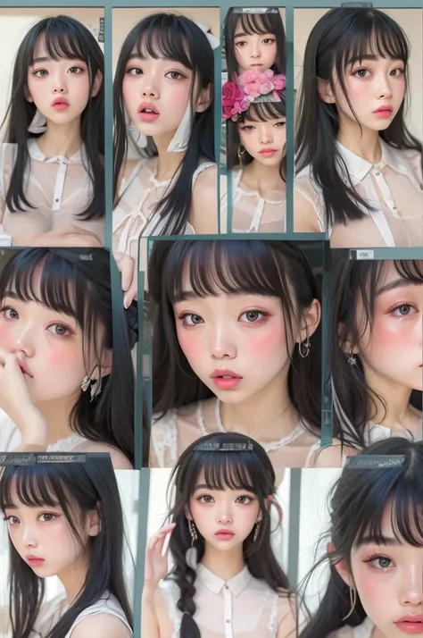 a black hair girl,15-year-old female, Hide your forehead with bangs,blue eyes,Thick lips, Open the center of your lips、extremely detailed lips, large mouth, full, plump, Lip balm for shiny, glossy lips,light pink lips, natural-looking makeup, transparent l...